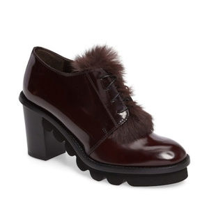 AGL Rolo Block Heel Genuine Rabbit Fur Trim Oxford